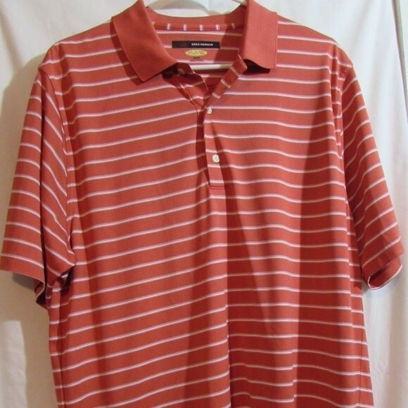GREG NORMAN PLAY DRI MEN'S POLO GOLF SHIRT SIZE M BURNT ORANGE WHITE COLLAR - Picture 1 of 8